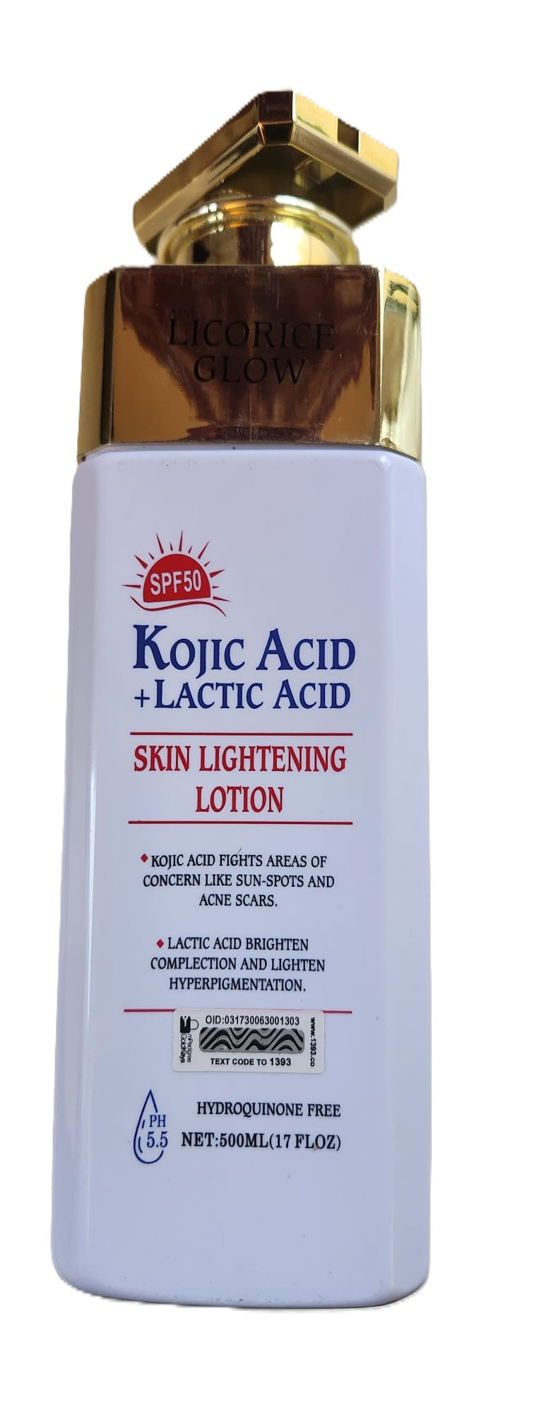 Licorice Glow Kojic Acid + Lactic Acid Skin Lightening Lotion, SPF 50 — 500 ml